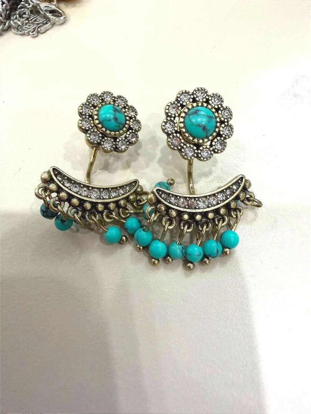 Vintage Style Turquoise and Rhinestone Dangle Earrings c+i